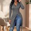Women Spring Fall Top Zipper V Neck Long Sleeve High Split Hem Mid Length Elastic Lace Up Waist Strap Solid Color Lady Long Blouse