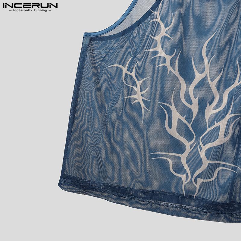 INCERUN Men Sling Sleeveless Print Mesh Sheer Tank Tops Camisole Undershirts