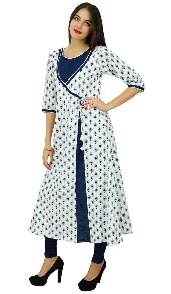 Bimba Womens White Angrakha Style Cotton Kurta Designer Indian Kurti Summer Party Day