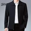 Zip Up Men Coat Jacket Lapel Solid Color Mid-aged Elderly Long Sleeve Zipper