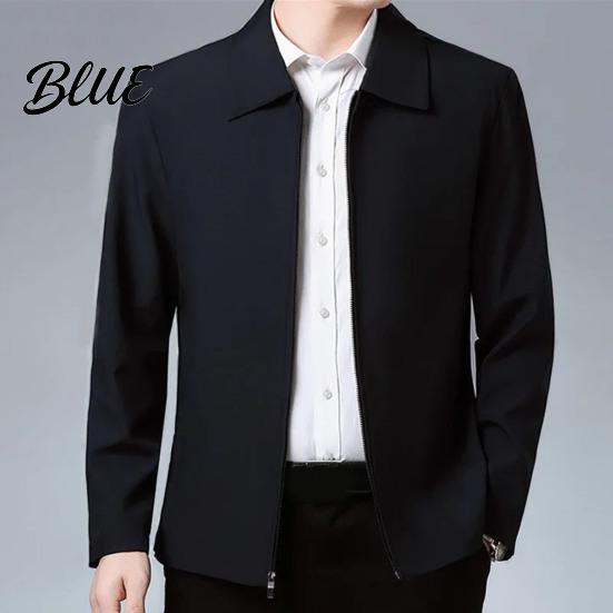 Zip Up Men Coat Jacket Lapel Solid Color Mid-aged Elderly Long Sleeve Zipper