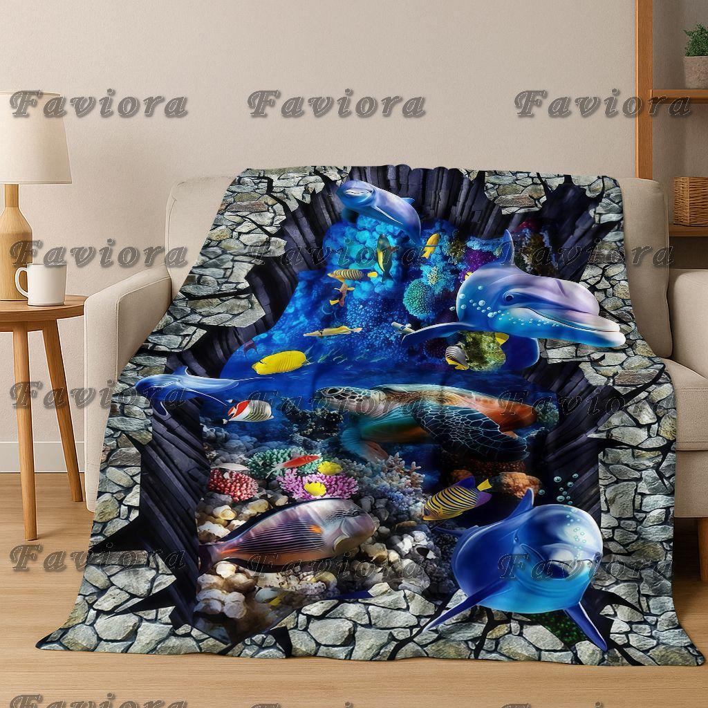 26 Style 3D Illusion Sea Underwater World Dolphin Flannel Blanket,Cozy Soft Throw Blanket for Home Bedroom Bed Sofa Cover Gift