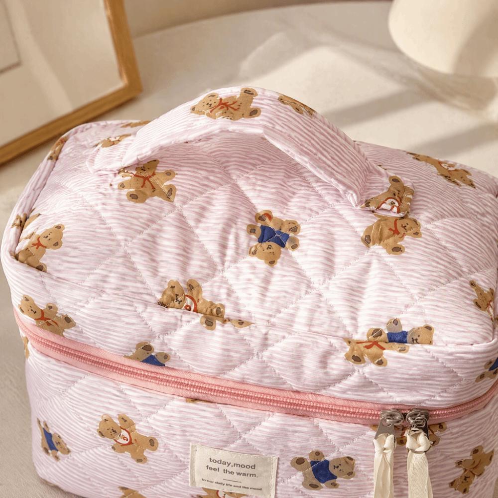 3PCS Soft Quilted Cotton Makeup Bag Multi-Layer Cartoon Cosmetic Organizer Toiletry Pouch  Travel