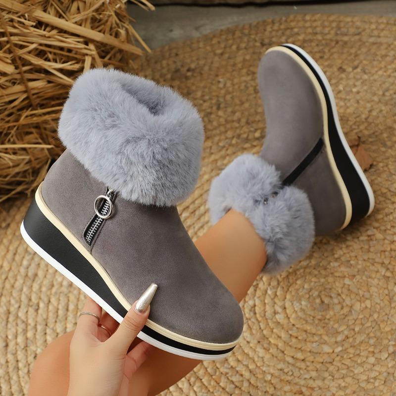Women's Wide Width Snow Boots, Wedge Heel Plush Lined Winter Shoes, Furry Collar Warm Ankle Booties Fashion