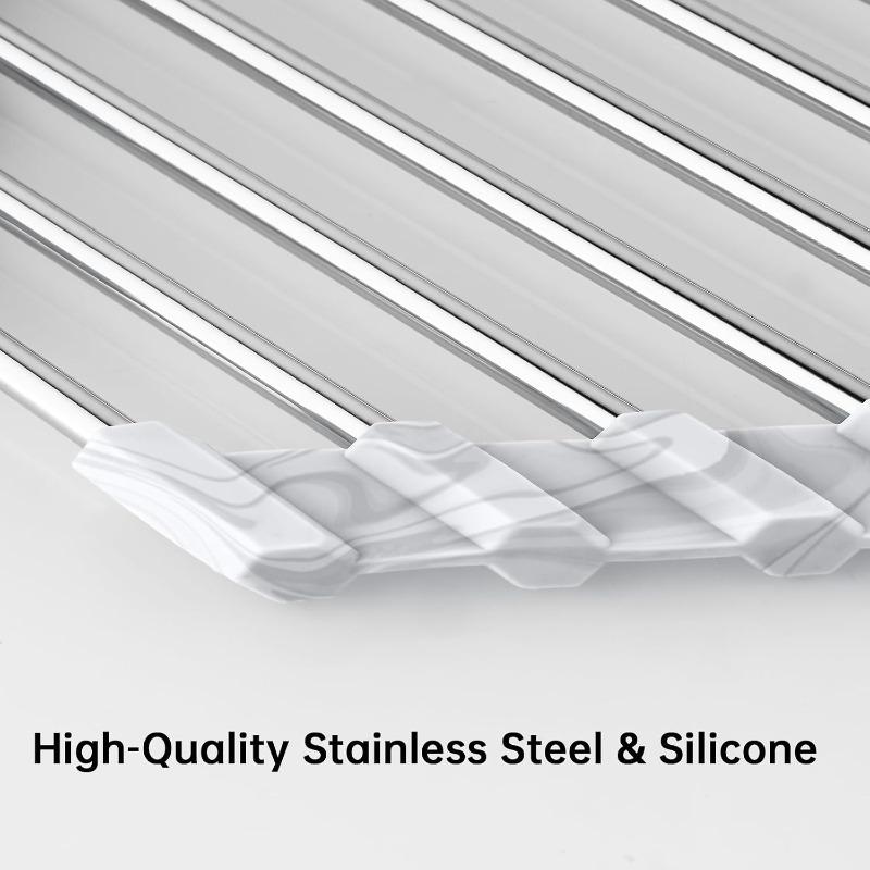 Marble Triangle Roll-Up Dish Drying Rack for Sink Corner - Small Foldable Stainless Steel Multipurpose Kitchen Drainer Caddy Trivet Rustproof