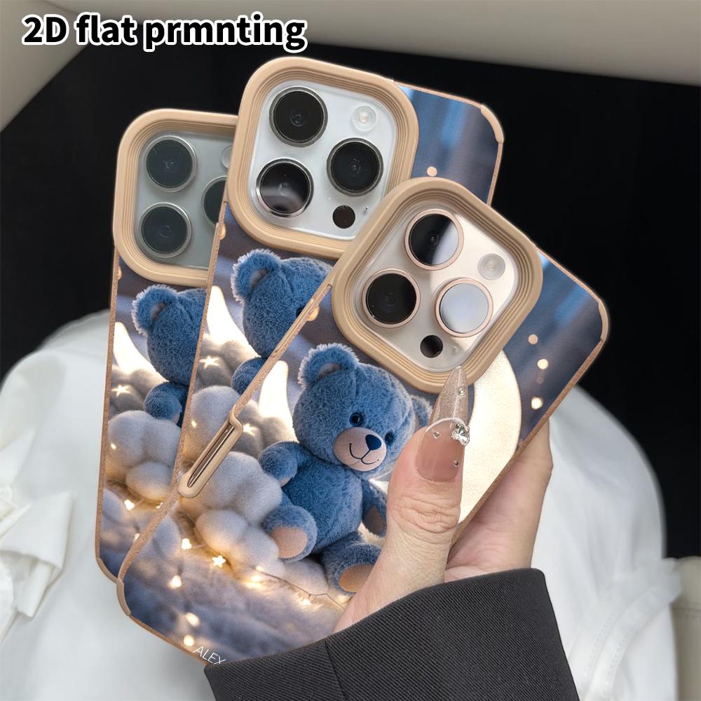 Phone Case: 2D Flat Lambskin Suitable for iPhone 18, 17, 16, 15, 14, 13 Pro, Crescent Blue Little Bear, Christmas and Halloween Gifts