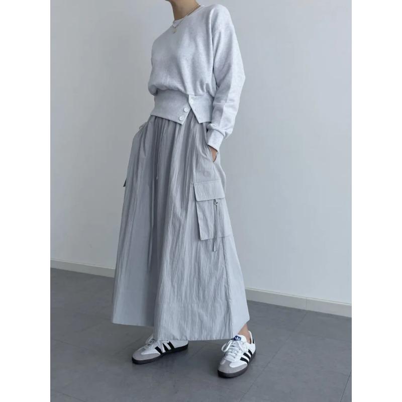 Sør-Korea elegant vårfarget retro allsidig elastisk midje snøring med store lommer design løst avslappet cargoskjørt for kvinner