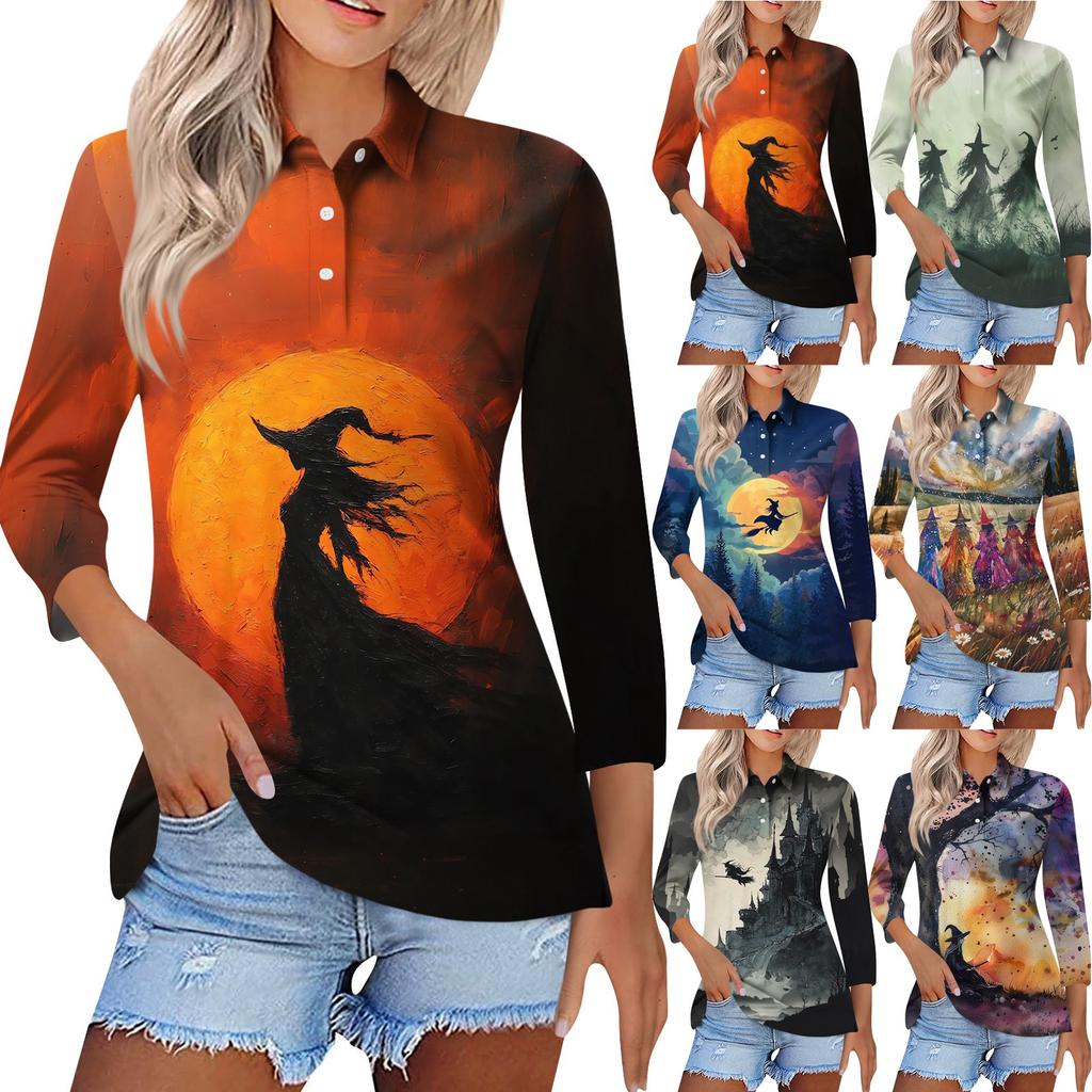 Women's Fashion Casual Lapel Short 3/4 Sleeve Halloween Print Shirt Women's Button Up Tops