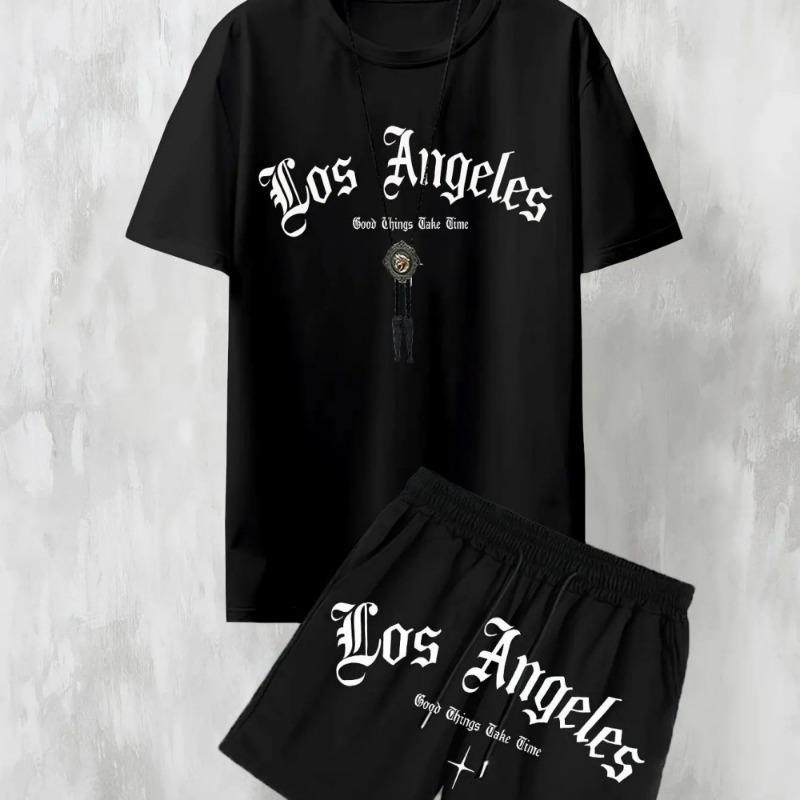 New Men's Casual Los Angeles Letter Comfortable Breathable T-shirt Shorts Set Outdoor Comfortable Two Piece Set