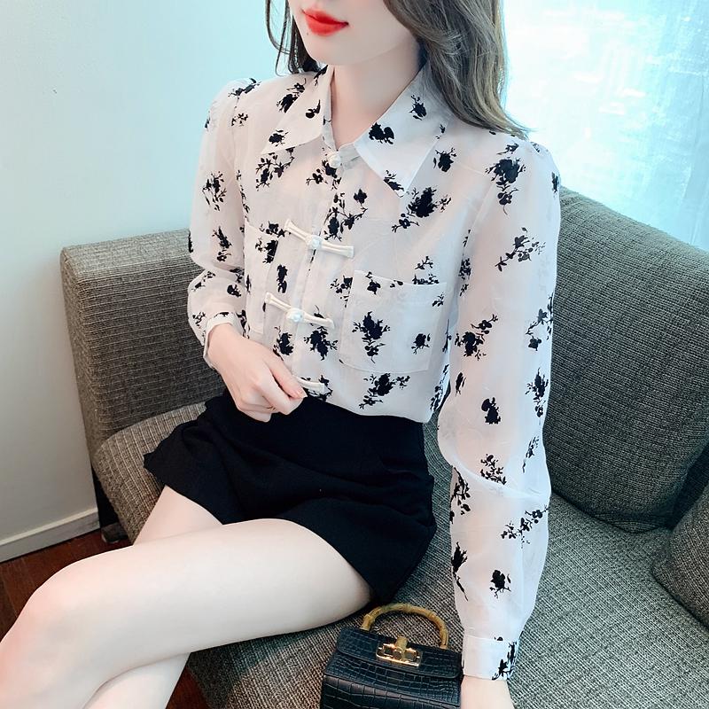 New 2024 Chinese Style Fashion Long Sleeve Office Lady Turn Down Collar Pocket Print Chiffon Blouse Shirt Women Tops Blouses Shirts J500