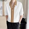 INCERUN Oversized Men Lapel Neck Half Sleeve Patchwork Casual Shirts