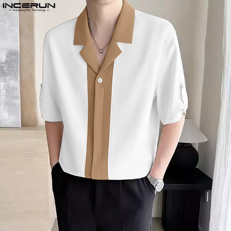 INCERUN Oversized Men Lapel Neck Half Sleeve Patchwork Casual Shirts