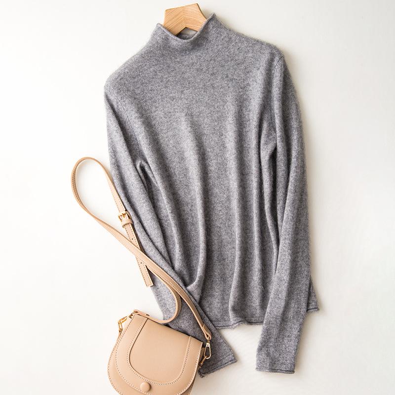 Women's Rolled Hem Half-High Neck 100% Wool Sweater - Stylish Autumn/Winter Base Layer