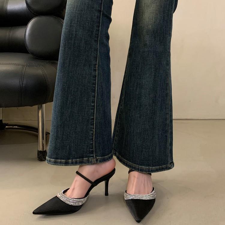 2025 spring rhinestone decorative satin surface pointed head thin heel high heel sandals women's shoes bag head shallow mouth half drag European and