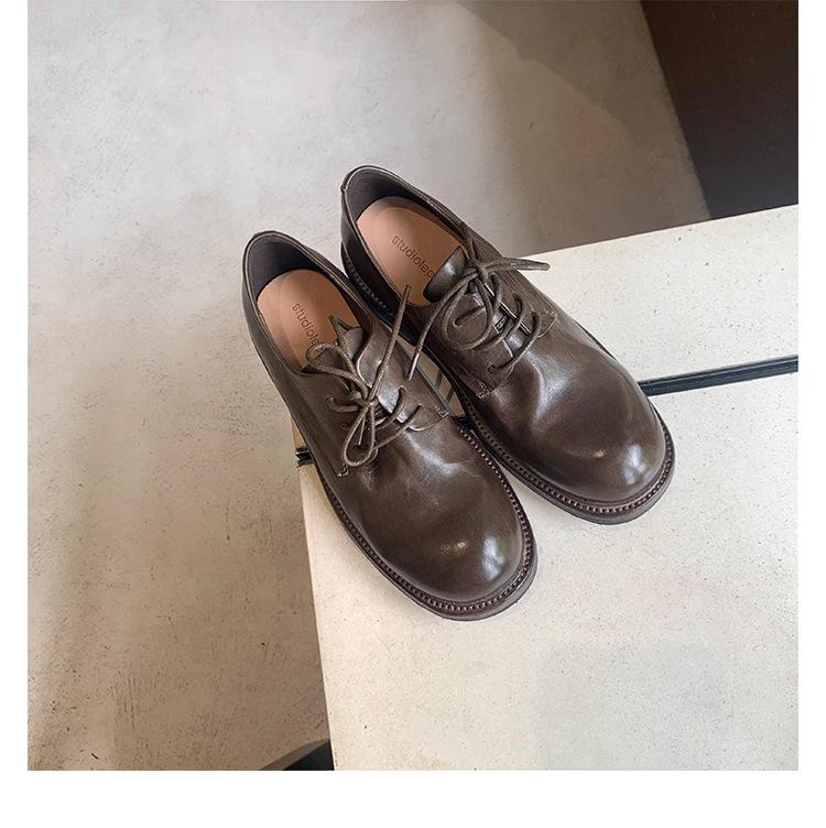 Cowhide version~ leather thick heel retro small leather shoes women's British lace-up new platform Oxford shoes loafers single shoes