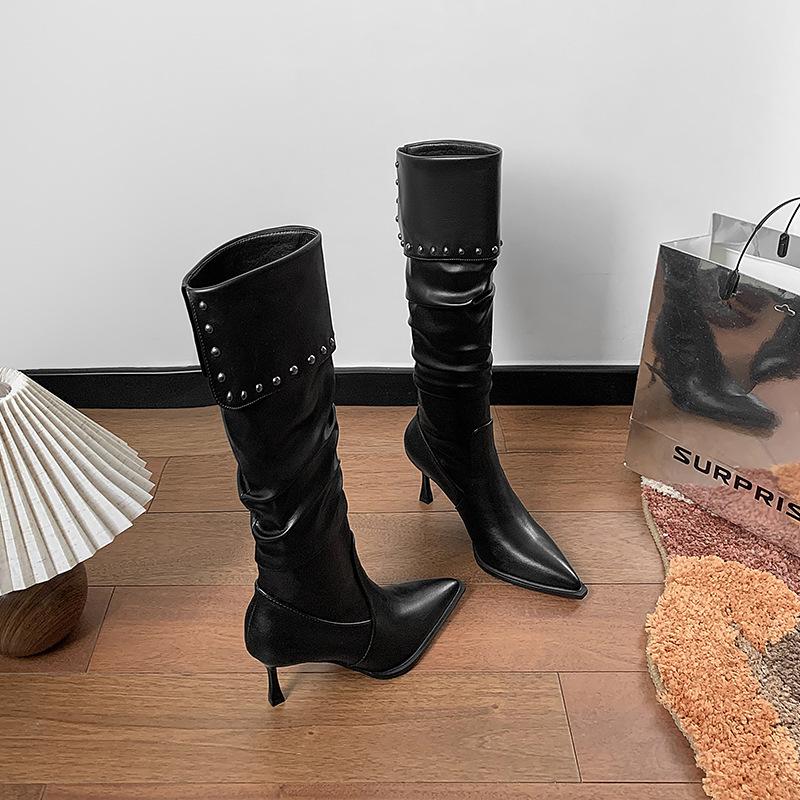 

Уличные ботфорты-локомотивы 2025 весна, осень и зима новые женские ботинки с острым носком тонкий высокий каблук длинные ботинки стройнят 34 чёрный