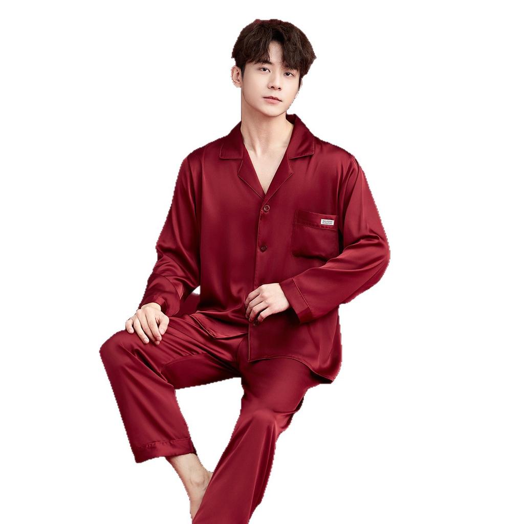 Pajamas couple wedding newlywed red men and women ice silk suspender nightgown morning gown long sleeve natal year silk suit