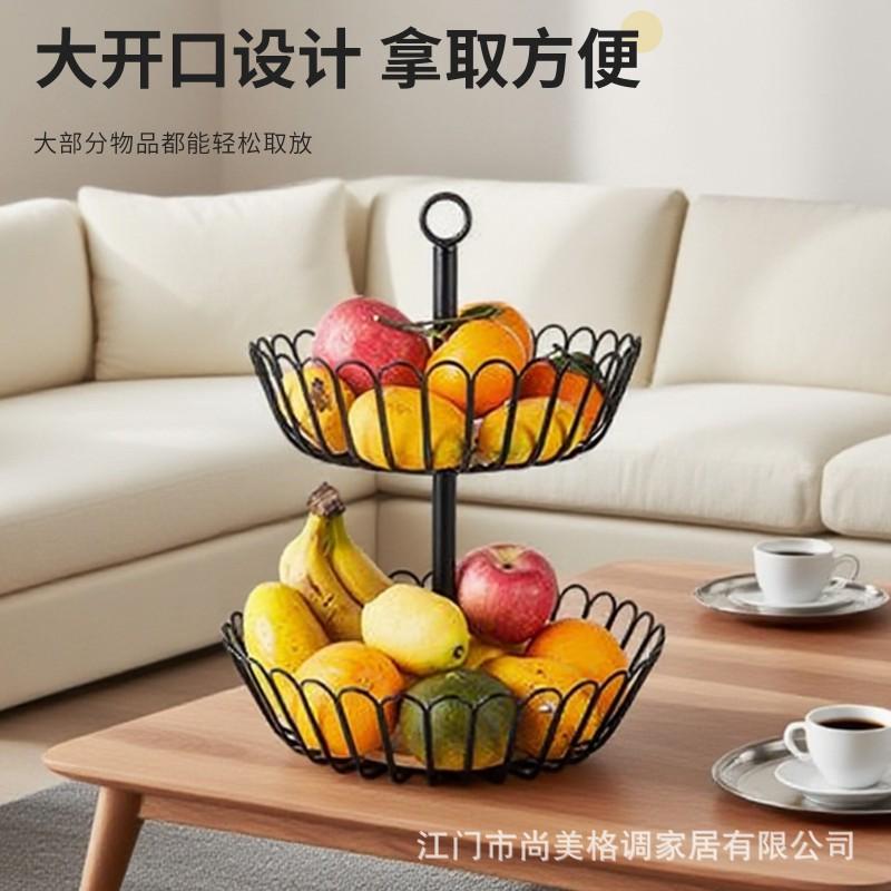 Double-Layer Metal Fruit Basket With Wooden Base Detachable Handheld Storage Rack Kitchen Living Room Snacks Candy