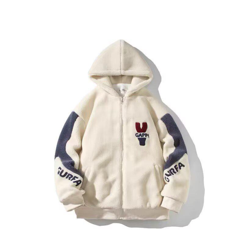 Youth Lambswool Plush Hooded Jacket - Men's Warm Velvet Winter Coat for Junior High, High School, and University Students.