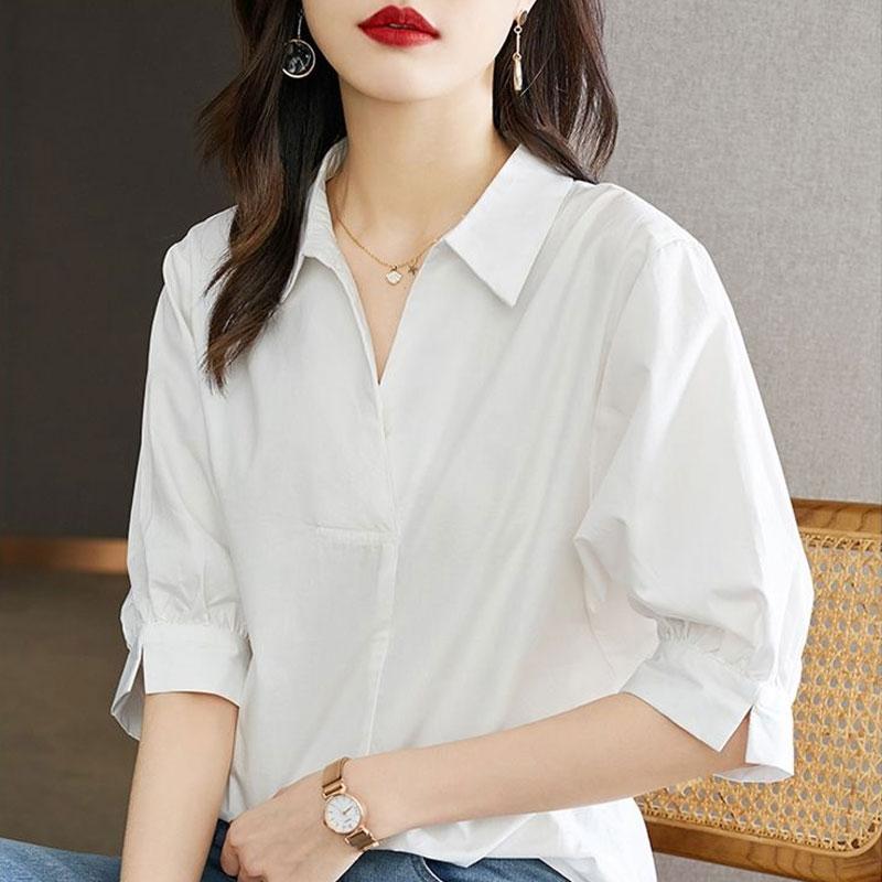 Basic Solid Color Loose Blouse Summer Thin Office Lady V-Neck Korean Women's Clothing Stylish Button Casual Half Sleeve Shirt