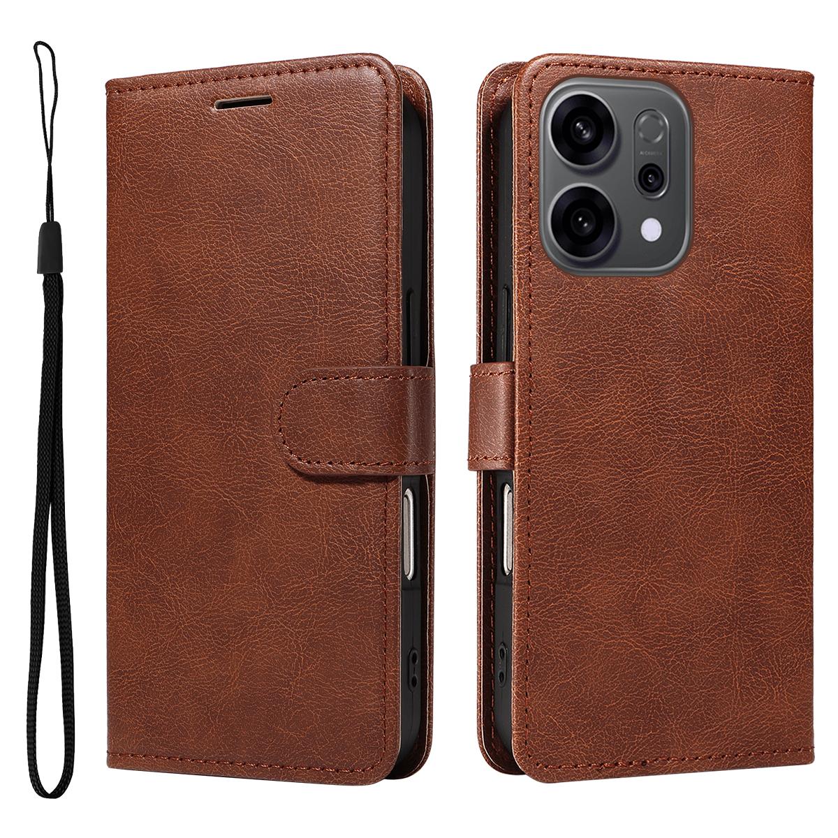 

For Oppo Reno14 5G (China)/Oppo Reno14 F 5G/Oppo Reno14 5G (Global) Leather Wallet Case with Strap Solid Color Phone Stand Cover Brown