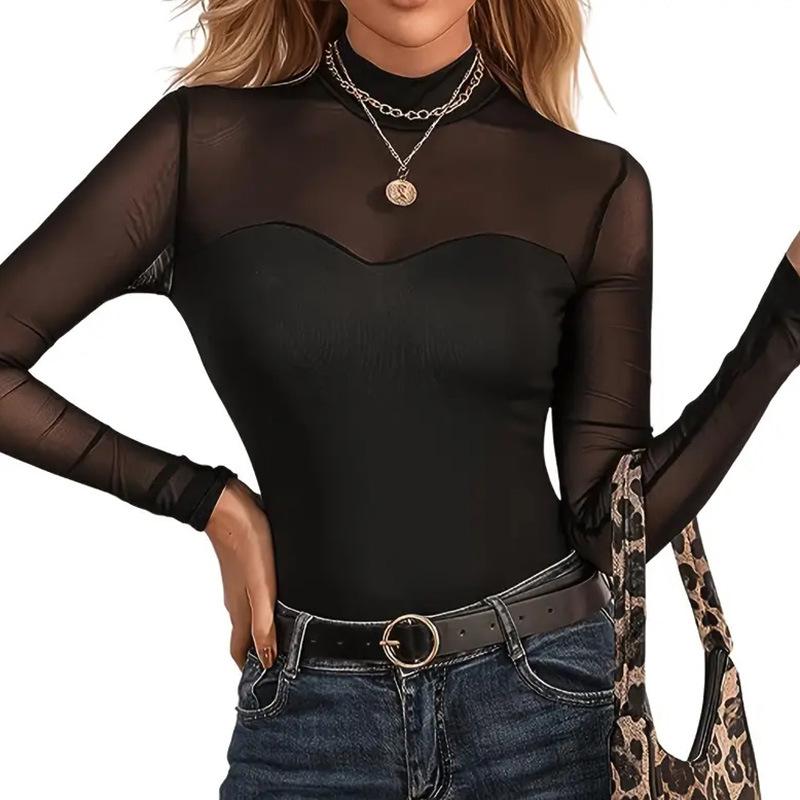 European & American Sheer Mesh Bodycon Turtleneck Bodysuit – Sexy Thin Long Sleeve Women's Base Layer