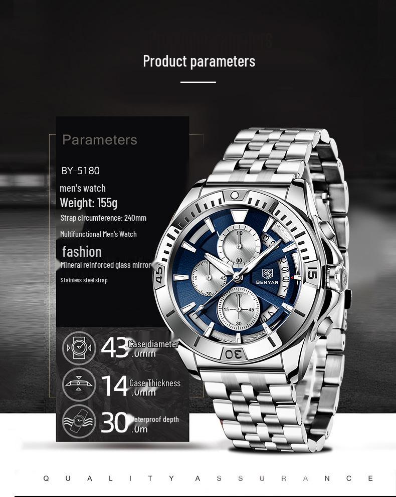 BENYAR Men's Quartz Multifunctional Waterproof Luminous Watch 5180