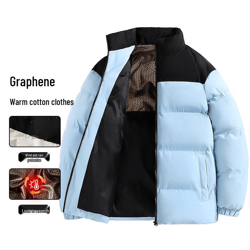 

Men s Graphene Heated Color Block Cotton Jacket: Warm, Thick, Stand Collar, Trendy, Versatile Winter Outerwear for Students. L небо синє кольору