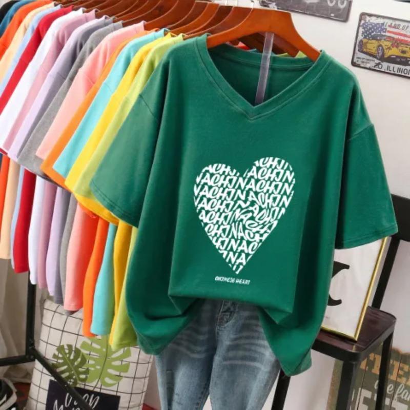 Tricou cu mânecă scurtă pentru femei, mărime mare, design larg și subțiere, nișă, bumbac pur, top cu gât în V care acoperă burta