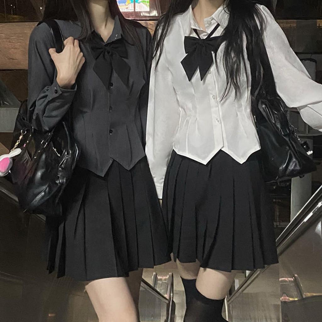 Sivrusn High School Girl Uniform Cosplay Pleated Long Sleeve High Costume for Perfect for Entrance School and Cultural Size S Set, Skirt, Bowknot,