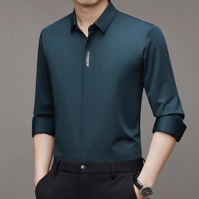 

Мужская эластичная бесшовная рубашка с длинным рукавом в деловом стиле с лацканами на весну и осень XL темно-синий