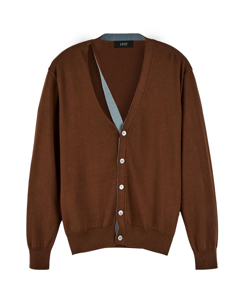 Hyii Twist Slit Neckline Knit Cardigan [Brown]