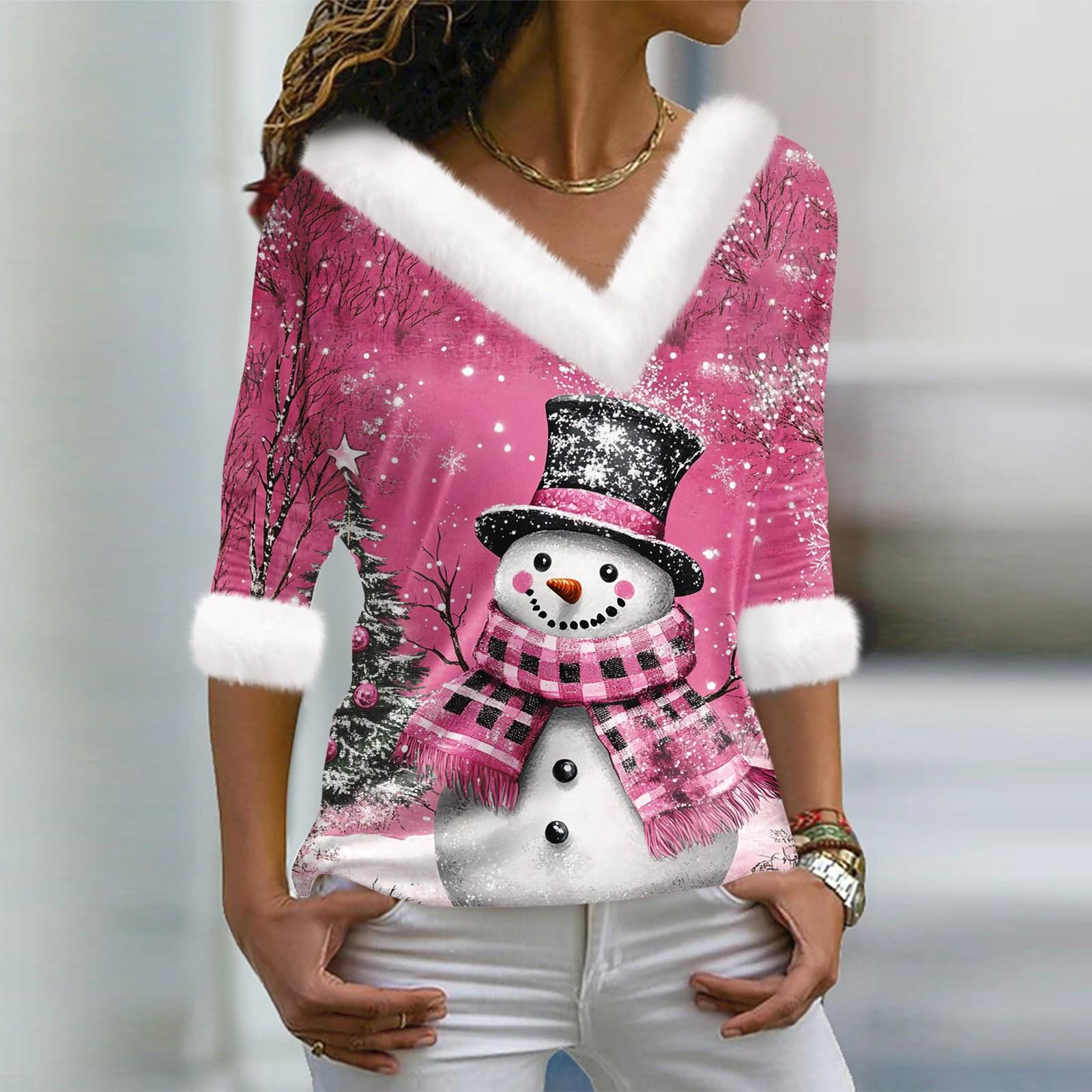 

Женский модный повседневный топ с V-образным вырезом и длинными рукавами, рождественским принтом и плюшевым воротником XXL