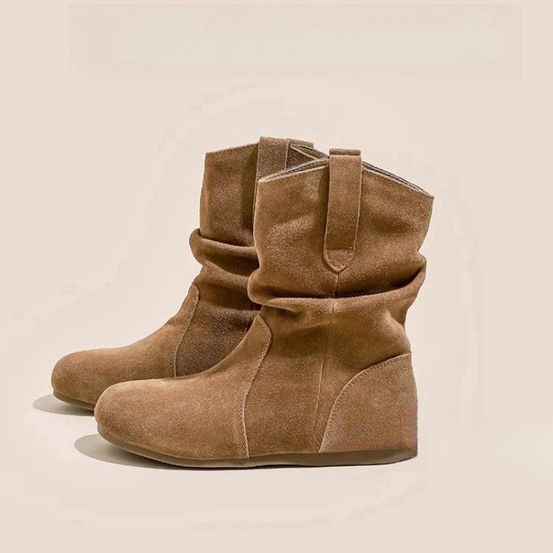 Cowhide Version~ Inner Height Increase Retro Short Boots Women's 2025 Autumn and Winter Western Martin Boots Round Head Short Tube Boken Stacking B