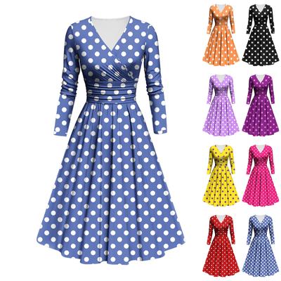 Robe décontractée à volants et manches longues pour femme, col en V, imprimé à pois, coupe ajustée