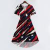 Women's Casual V Neck Short Sleeve Dress with Independence Day Stars and Stripes Print Wrap Style Midi Dress for Summer