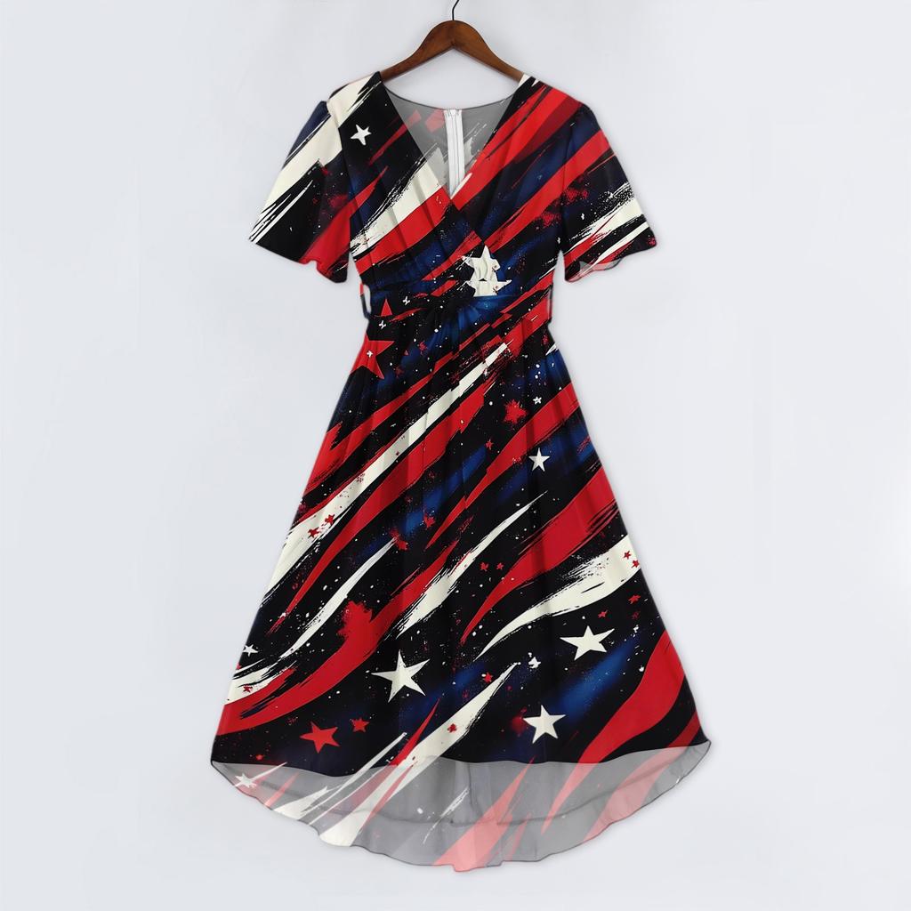 Women's Casual V Neck Short Sleeve Dress with Independence Day Stars and Stripes Print Wrap Style Midi Dress for Summer