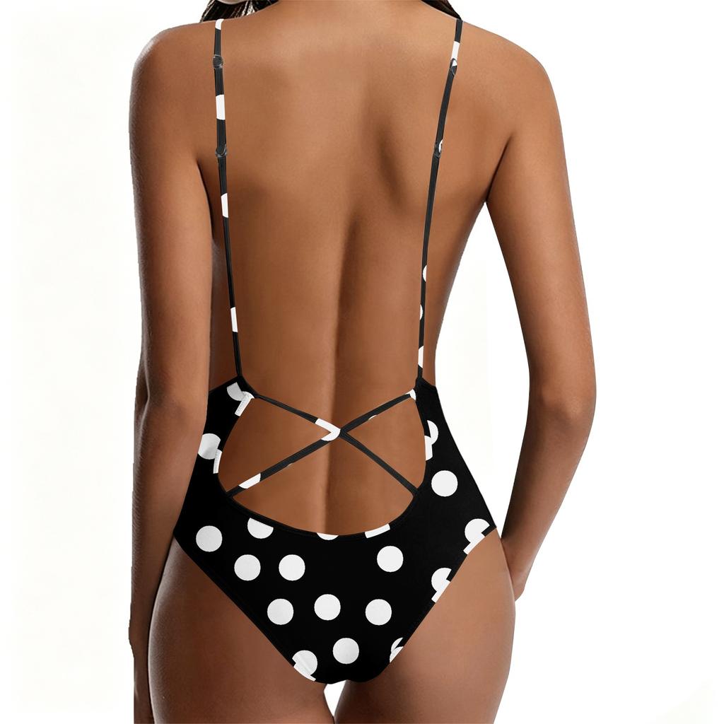 Women’s Swimsuit Deep V Neck Polka Dot Print Adjustable Strap Backless Bathing Suit for Beach Pool