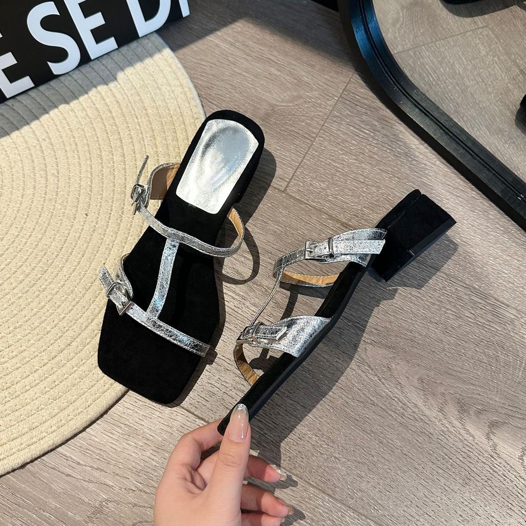 2025 spring and autumn new Internet celebrity fashion high-heeled slippers women's outer wear temperament super fire square head word with sandals