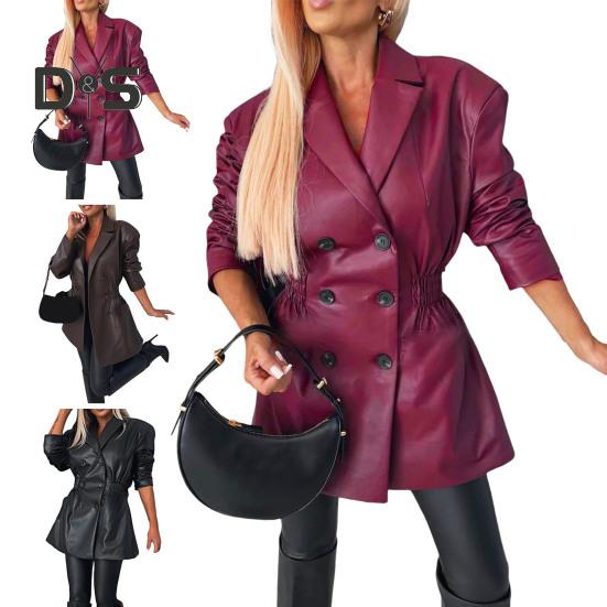 Women Coat Elastic Slim Waist Smooth Surface Faux Leather Turn-down Collar Jacket Mid Length Solid Color Double-breasted Outerwear