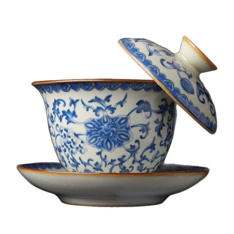 1PC Blue and white Ru kiln gongfu three-piece covered bowl tea cup Chinese style gongfu tea-making bowl