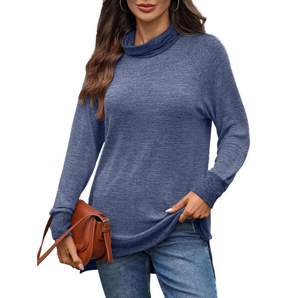 New Autumn and Winter Color-blocking High-neck Loose Long-sleeved T-shirt Top for Women
