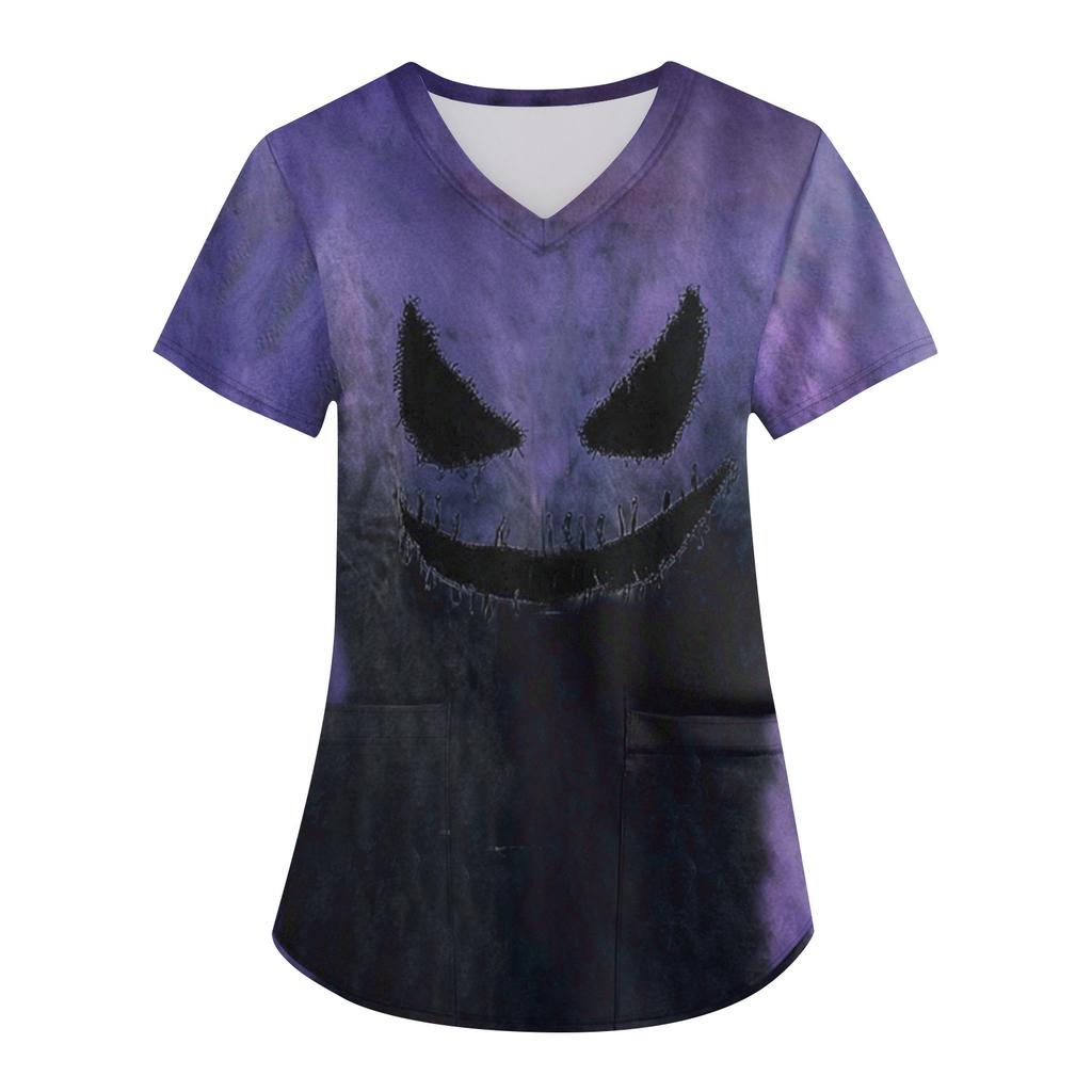 Women's Printing Uniform Work Uniform V-neck Pockets Basic Short Sleeve Pullover Top