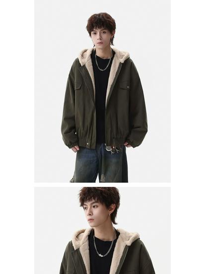 Zuoshan Diao Men's Hooded Cotton Jacket: Winter Velvet, Thick, Loose Fit, Youthful Trendy American Workwear Style.