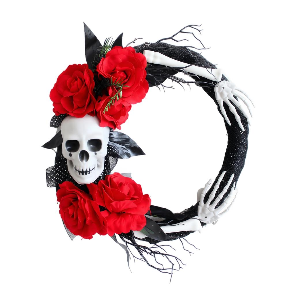 Halloween Wreath with, Hand and Red Roses for Front Door Wall Hanging Entryway Decor