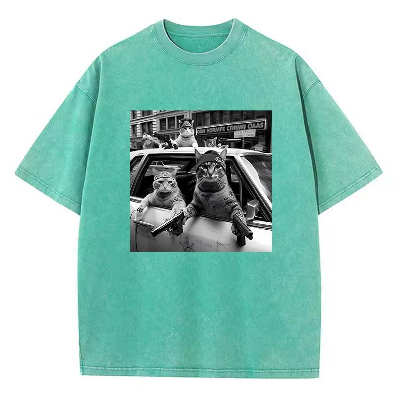 Streetwear Cat T Shirt Vintage Washed Cotton T-Shirt Hip Hop Graphic Tee Casual Streetwear Spring Summer