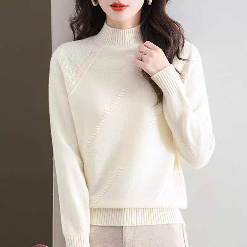 

Свитер с полувысоким воротником, с длинными рукавами, однотонный пуловер для женщин, свободный вязаный свитер для весны, осени и зимы, трикотаж one size белый