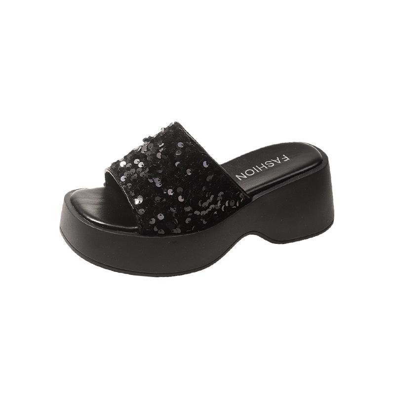 

Женские летние новые шлепанцы на толстой подошве с пайетками, нишевые сандалии с открытым носком, повседневные туфли на высоком каблуке 39 чёрный