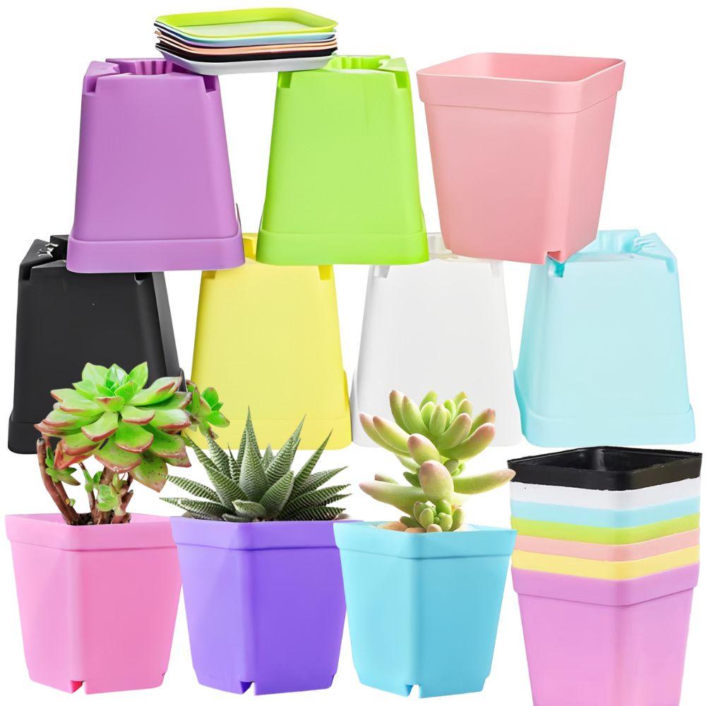 6pcs Plastic Square Succulent Flowerpots & Trays Mixed Candy Color Garden Horticulture Home Office Desktop Decoration YMY