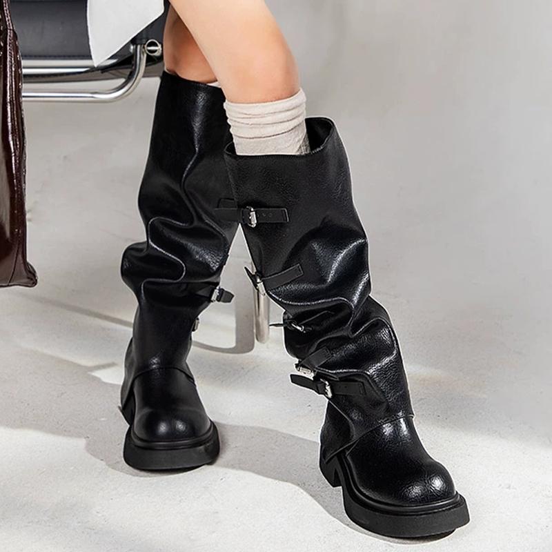 

Женские ботинки на платформе и высоком каблуке, кожаные массивные туфли, брендовые дизайнерские длинные ботинки «Челси», зимние плиссированные туфли-лодочки Botas Mujer 40